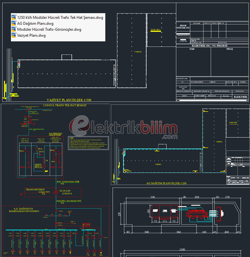1250 kVA Trafo Tek Hat Şeması ve AG Dağıtım Projesi