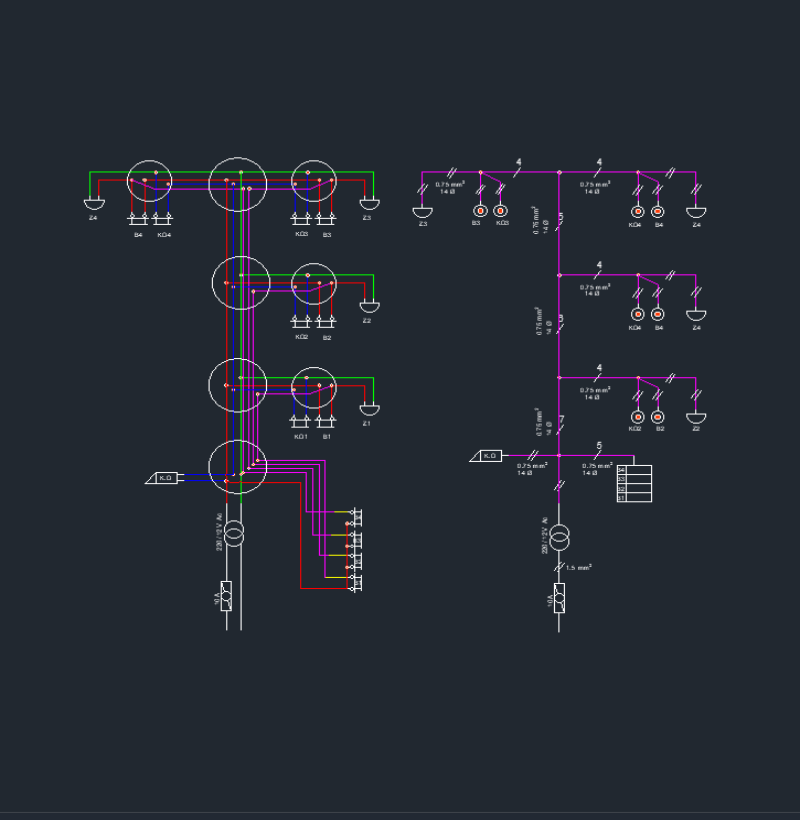 3 Kat 4 Daire Aşağıdan Çağırmalı Kapı Otomatığı Zil Tesisatı AutoCAD Çizimi