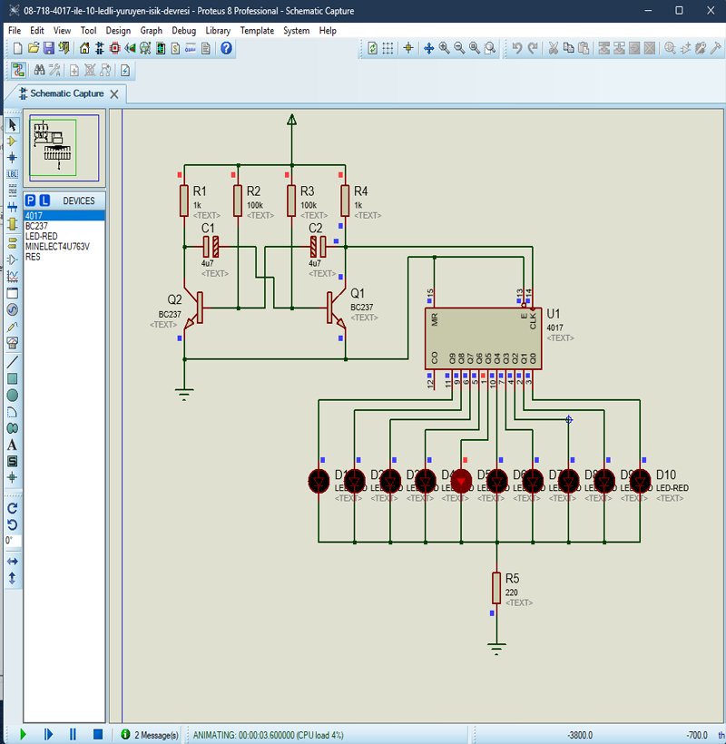 4017 ile 10 Ledli Yürüyen Işık Devresi