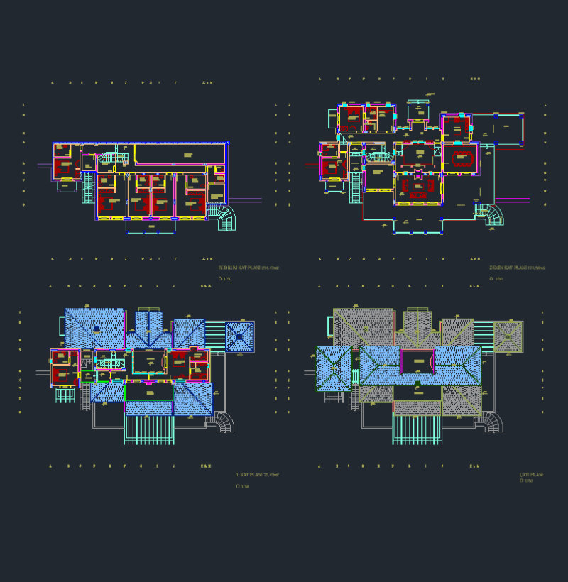 AutoCAD Boş Mimari Plan – Zemin + Bodrum + Kat + Çatı