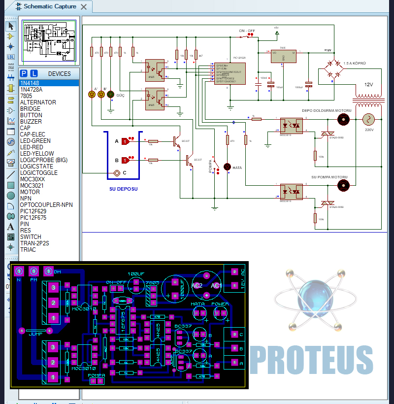 Su Seviye Kontrol Uygulaması Proteus ile Baskı Devre Şeması