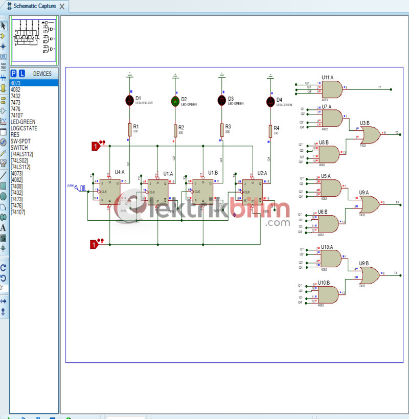 T Flip-Flop ile LED Yürüyen Işık Devresi