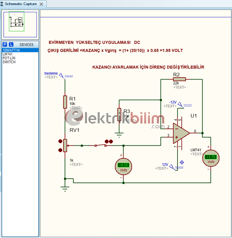 UA741 Op-Amp ile Evirmeyen Yükselteç Devresi